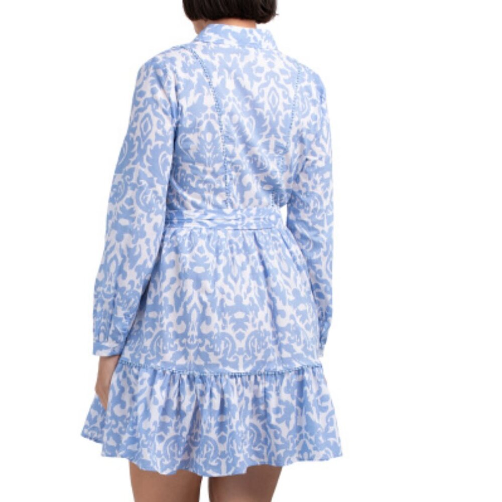🔥 Closet Sale! Printed Button Front Ruffle Hem Mini Dress With Waist Tie - Picture 2 of 3